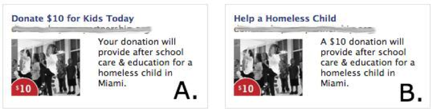 Example of two Facebook ads being a/b tested against each other.