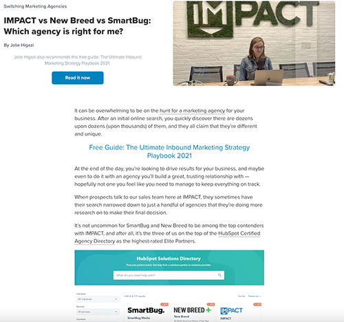 Screenshot of article saying "Impact vs New Breed vs SmartBlug, which agency is right for me?'