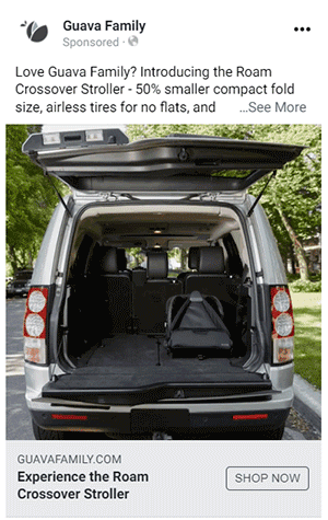 Gif showing the compact Guava brand stroller and how it easily fits in a car